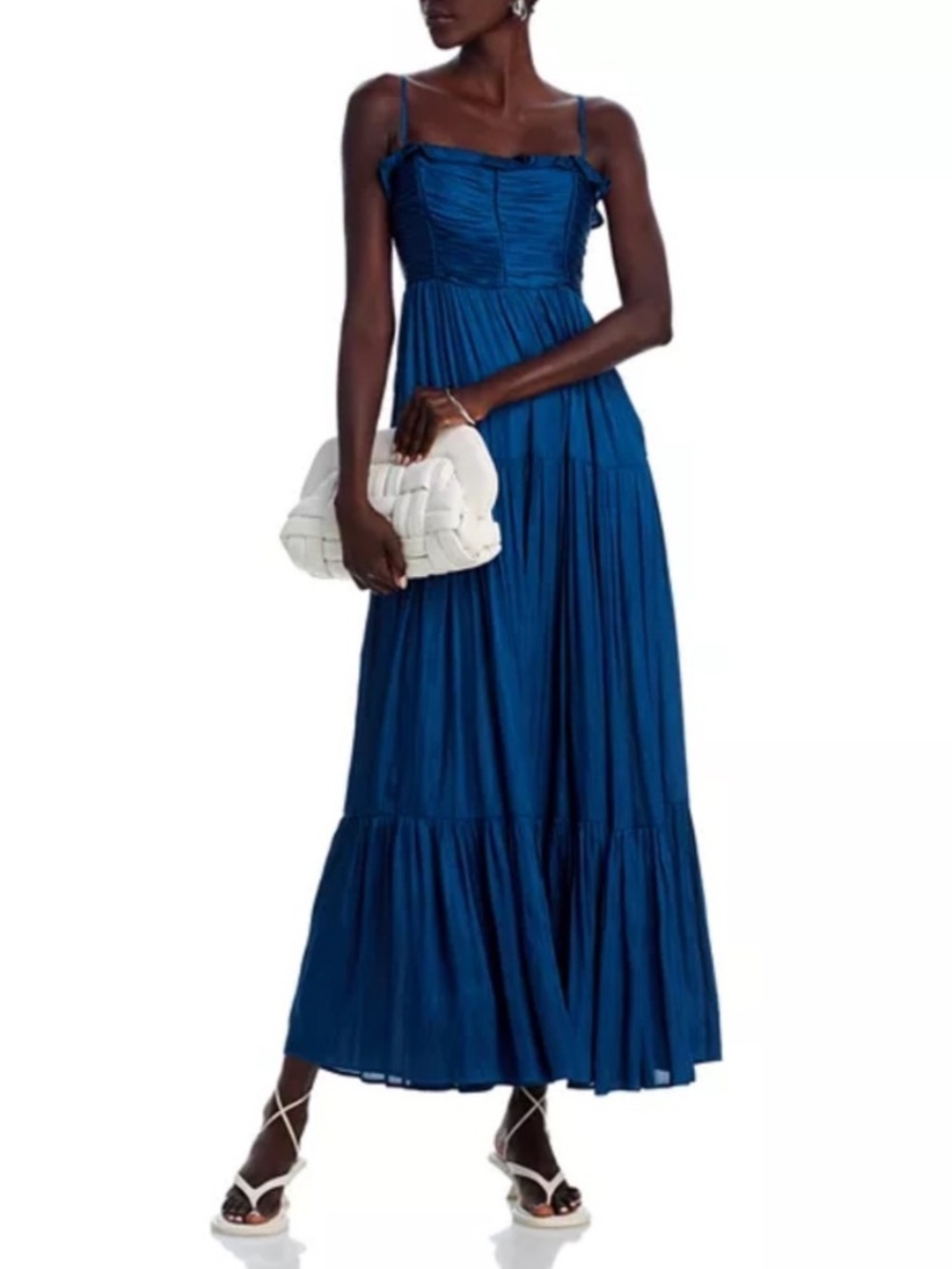 Bloomingdale’s Aqua Ruffled Ruched Satin Maxi Dress